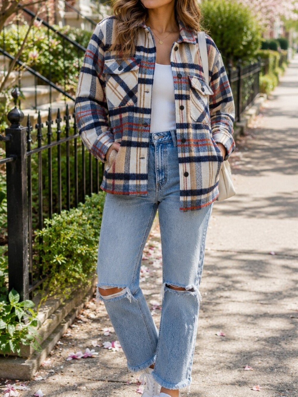 Zara Plaid Wool-Blend Shacket Jacket Cream Navy Rust Oversized Button-Front